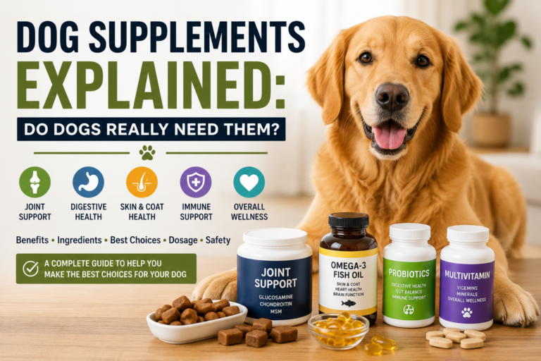 Assortment of dog supplements including joint chews, fish oil, probiotics, and multivitamins displayed beside a healthy dog.